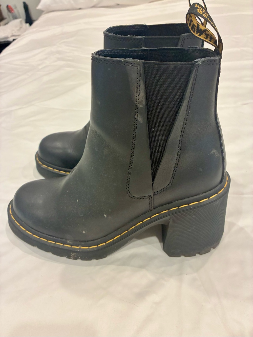 Dr. Martens Black Leather Platform Chelsea Heeled Boots with Yellow Stitching